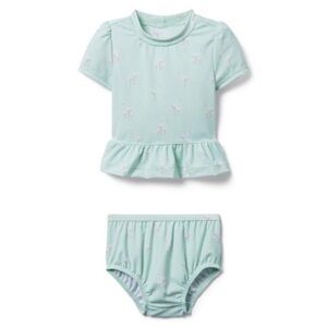Janie and Jack Flamingo rash guard set Mint green with flamingo print 6-12 Month